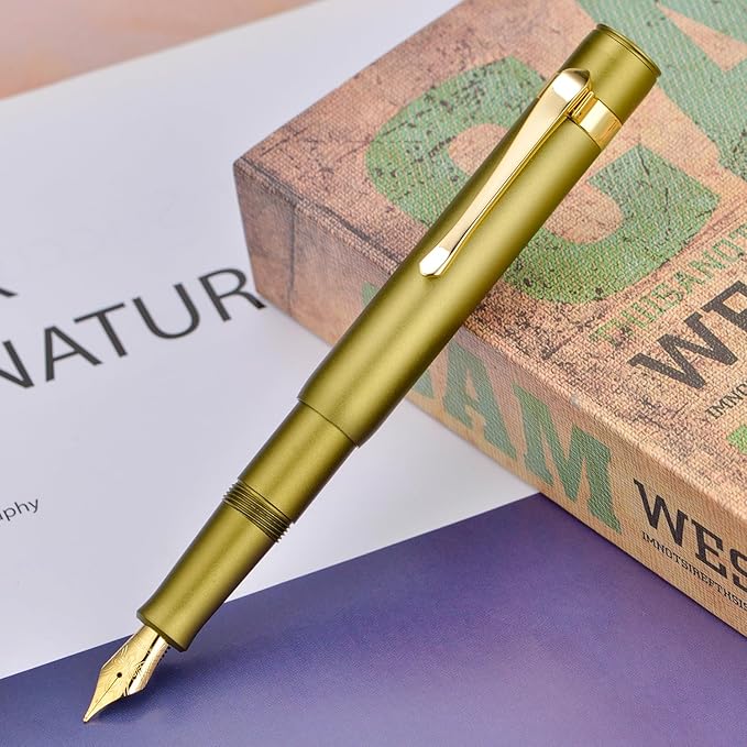 HONG DIAN M2 Black Forest Mini Fountain Pen, Long Blade Nib & Sleek Shape Aluminium Short Pocket Travel Pen (Olive Green)