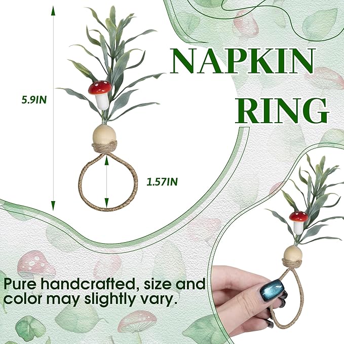 MAOANME Napkin Rings Set of 12, Rustic Eucalyptus Napkin Holder Rings with Wood Bead, Farmhouse Green Leaf Napkin Ring Bulk, Boho Napkin Ring for Wedding, Table Decor
