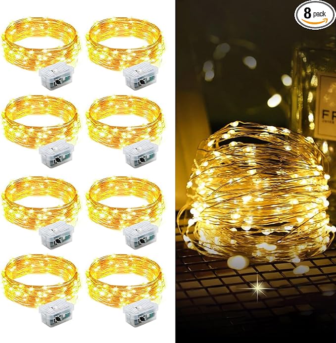 Aogist Led Fairy Lights 3 Modes Battery Operated String Lights Waterproof Silver Wire 7 Feet Firefly Starry Moon Mason Jar Lights for DIY Wedding Party Christmas (Warm White, 8 Pack)