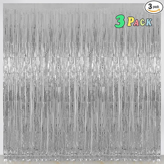Foil Fringe Curtains Party Decorations - Melsan 3 Pack 3.2 x 8.2 ft Tinsel Curtain Party Photo Backdrop for Birthday Party Baby Shower or Graduation Decorations (Pure Silver)