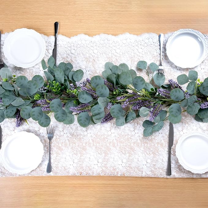 6FT Purple Flower Garlands Artificial Spring/Summer Garland Greenery Garlands Eucalyptus Garland Decoration for Baby Shower Wedding Party Table Runner Room Home Mantle Decor （Purple）