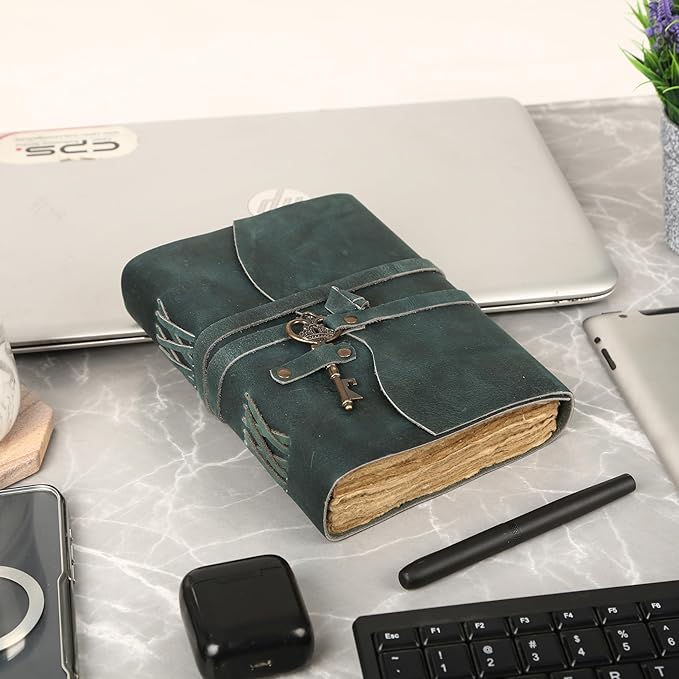 Leather Journal with Lined and Unlined Deckle Edge Paper 8x6 inch and Vintage Key | Handmade Writing Notebook Diary | Bound Daily Notepad for Men & Women Medium, Sketch/Writing pad for Artists