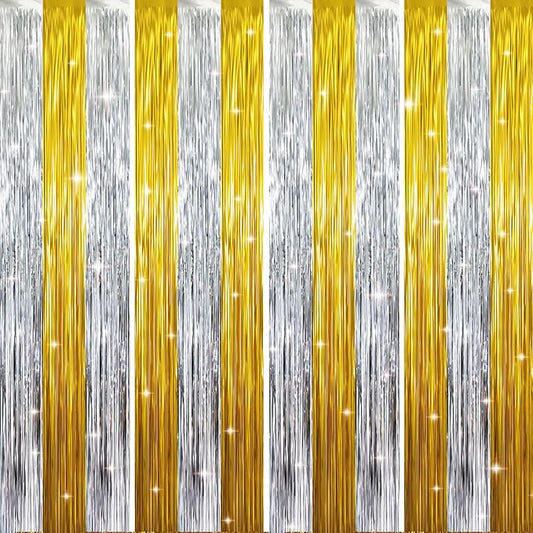 GOER 3.2 ft x 8.2 ft Metallic Tinsel Foil Fringe Curtains Party Backdrop Party Streamers for Birthday,Graduation,New Year Eve Decorations Wedding Decor (4 Pcs,Gold&Silver)