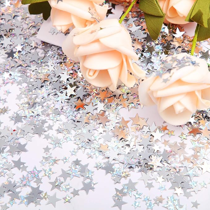 Hestya 60g Star Confetti Glitter Table Confetti Metallic Foil Stars for Party Wedding Festival Decorations(Silver Set,10mm and 6mm)