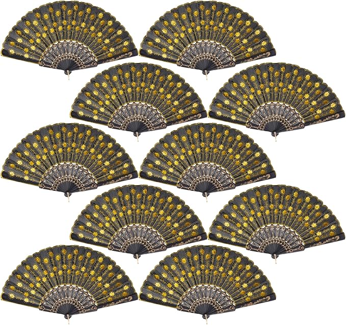QIRMIZI 10 Pack Fabric Folding Handheld Fans, Perfect for Weddings, Parties, and Dancing,Yellow