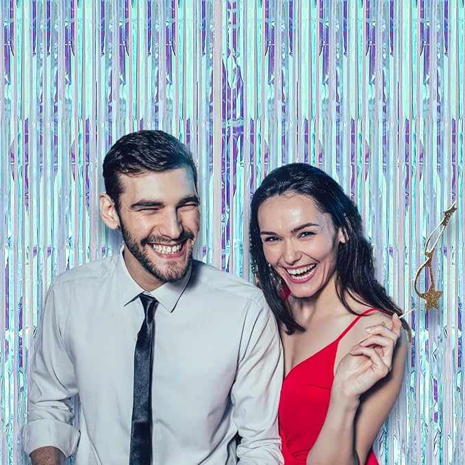 4 Pack 3.3x8.2 Feet Neon Iridescent Foil Fringe Backdrop Curtains, Tinsel Streamers Birthday Party Decorations, Fringe Backdrop for Graduation, Baby Shower, Gender Reveal, Disco Party