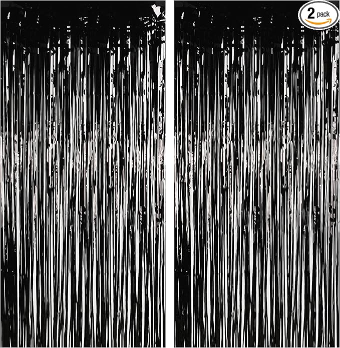 Foil Fringe Curtain Halloweens Party Decorations - Pure Black Tinsel Photo Backdrop Party Steamers Curtains for Birthdays Music Christmas Stranger Theme Parties