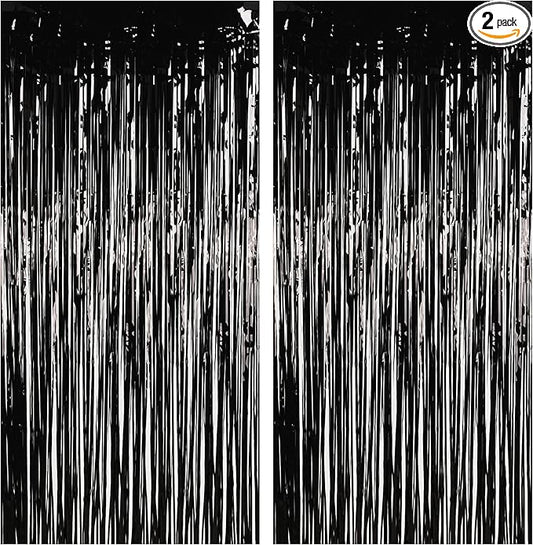 Foil Fringe Curtain Halloweens Party Decorations - Pure Black Tinsel Photo Backdrop Party Steamers Curtains for Birthdays Music Christmas Stranger Theme Parties