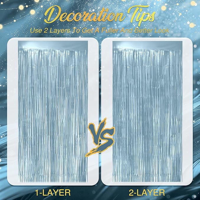 2 Pack Metallic Light Blue Fringe Backdrop, 3.2x8.2ft Shining Foil Tinsel Curtains, Birthday Party Decorations Door Streamers for Halloween, Christmas, Wedding, Graduation, Holiday, Theme Events