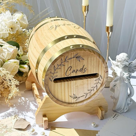OurWarm Wooden Wedding Card Box for Party with Base, Whiskey Barrel Card Box for Wedding, Rustic Envelopes Gift Money Box Holder for Reception Graduation Baby Shower Birthday Party Decorations