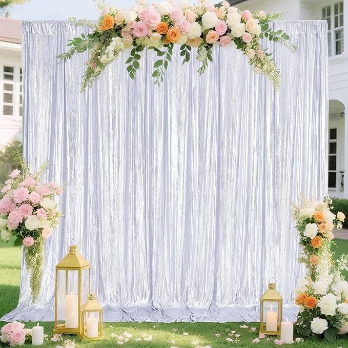 Silver Curtains Backdrop for Wedding Parties, Glitter Blrthday Drapes 4 Panels of 4.8x8FT Wrinkle Free Glitter Photo Backdrop Drapes