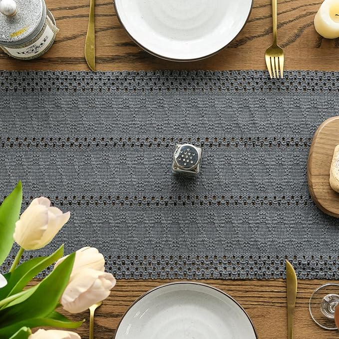 Artoid Mode Dark Grey Farmhouse Woven Rustic Hollow Table Runner, Seasonal Holiday Hollow Kitchen Dining Table Decoration for Home Party Decor 12x48 Inch