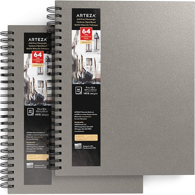 ARTEZA Watercolor Sketchbook 2-Pack, 9x12 Inches – 64 Pages Each, Spiral-Bound 140 lb Cold Press Paper, Gray Hardcover Journal for Mixed Media