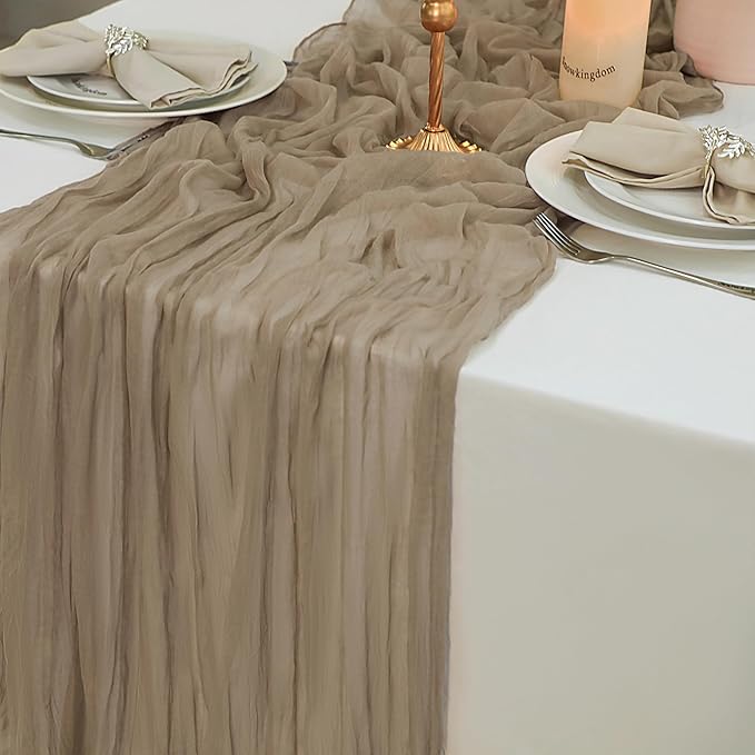 Snowkingdom 6PCS 10 FT Nude Brown Cheesecloth Table Runner, 120 inch Long Cheese Cloth Boho Rustic Gauze Sheer Runner for Wedding Party Baby Shower Birthday Christmas Holiday Table Decorations