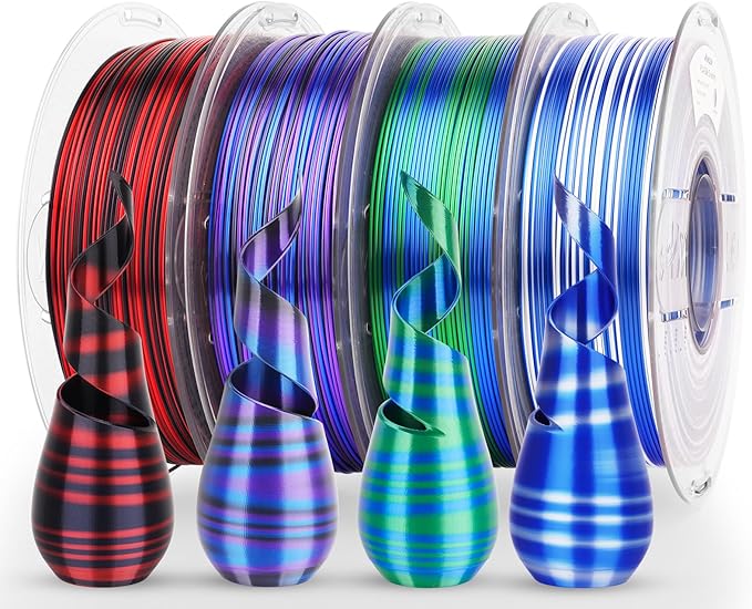 AMOLEN Silk PLA 3D Printer Filament Bundle, Shiny PLA Filament 1.75mm Multicolor Rainbow Pack, Fast Color Change PLA 3D Printing Filament for Most FDM 3D Printer, 1KG X 4 Spools