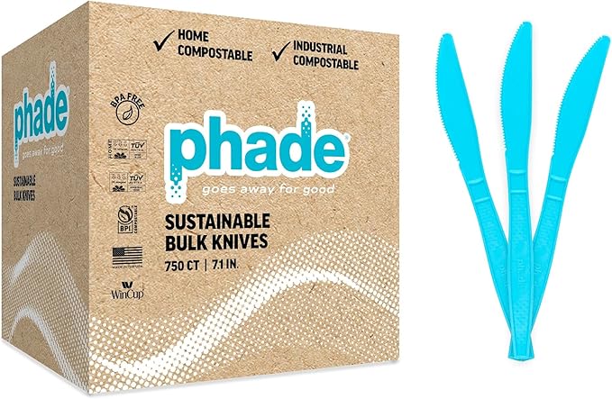 phade 100% Compostable Knives – BPI Certified Sustainable PHA Flatware, 750 Unwrapped Bulk Count, 7.1 Inch Eco-Friendly Disposable Utensils for Home, Events, Catering – Made in USA