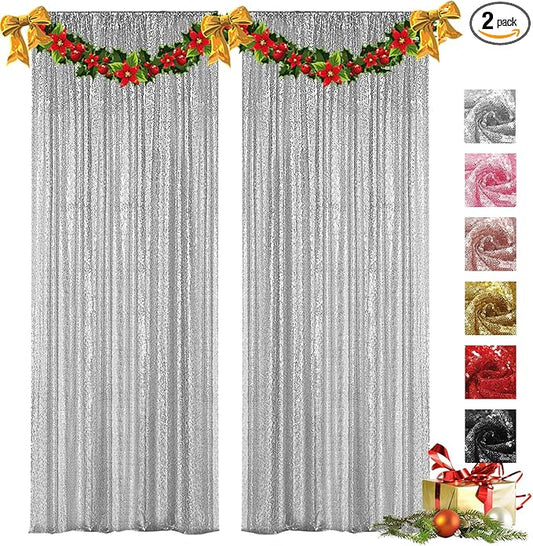 VOK Silver Sequin Backdrop Curtains 2 Panels 2FTx8FT Glitter Photography Background for Wedding Birthday Christmas Party Decorations