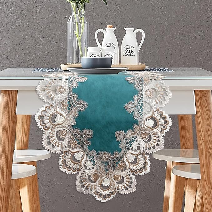 Vintage Lace Dining Table Runner, Small Macrame Coffee Table Runners 48 inches Long for Kitchen Home Christmas Party Decorations (16x48 inch, Cyan)