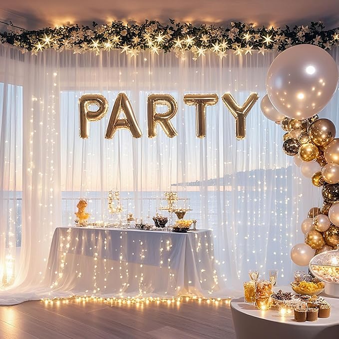 10×10ft Tulle Backdrop Curtains with Lights String - 300LED Fairy Lights Sheer Curtain Backdrop for Weddings Baby Shower and Birthday Party Decorations(8 Panels 5×10ft)