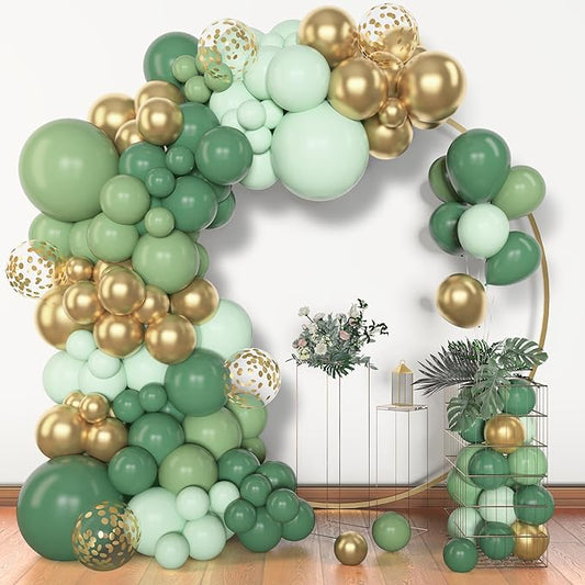 Amandir 153pcs Sage Green Balloon Garland Arch Kit, Different Sizes 18 12 10 5 inch Sage Green Gold Latex Metallic Confetti Gold Balloons for First Communion Safari Baby Shower Baptism Decorations