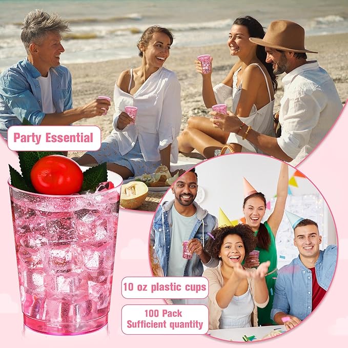 Minatee 100 Count Plastic Cups Disposable Fancy Cups Heavy Duty Wine Cocktail Glasses for Halloween Wedding Christmas Birthday Party Supplies Plastic Drinking Tumblers(Pink,10 oz)
