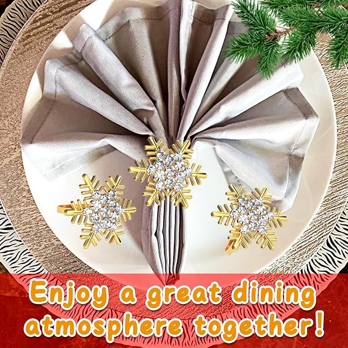 Halatool Christmas Napkin Rings Set of 6, Gold Snowflake with White Rhinestone Napkin Holder for Christmas Thanksgiving Winter Holiday Place Setting, Weddings, Party Table Decoration