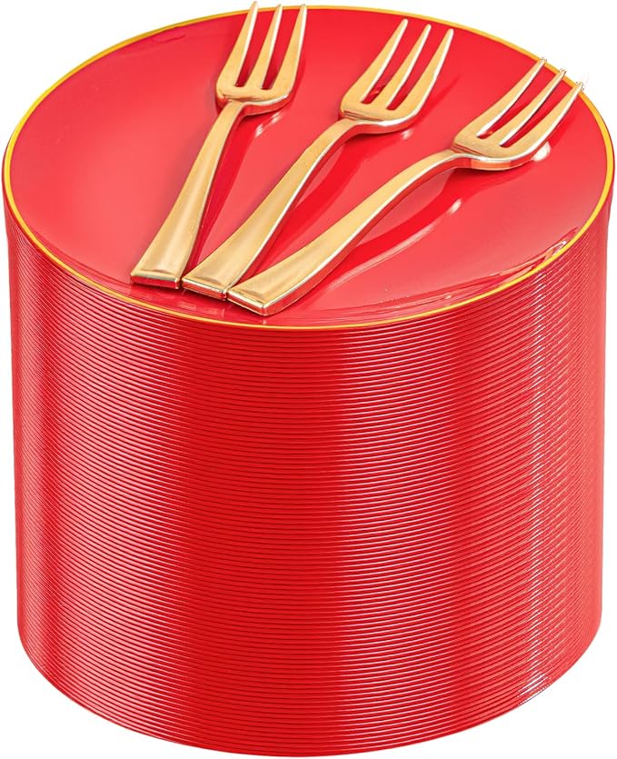 Festiva 200Pcs Red Gold Dessert Plates 6.3" with Plastic Forks 5"-Small Disposable Plates- Dessert/Cake/Appetizer Plastic Plates include 100Plates 100Forks for Christmas Party&New Year