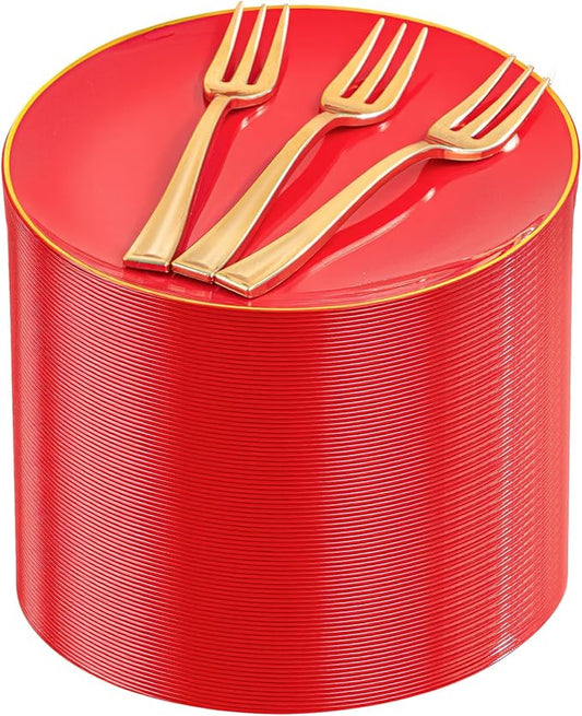 Festiva 200Pcs Red Gold Dessert Plates 6.3" with Plastic Forks 5"-Small Disposable Plates- Dessert/Cake/Appetizer Plastic Plates include 100Plates 100Forks for Christmas Party&New Year