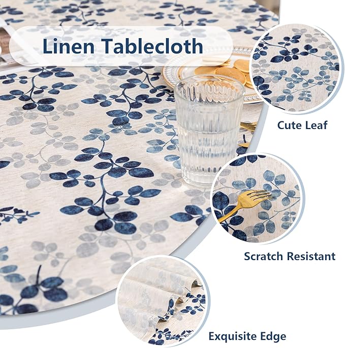 MYSKY HOME Floral Print Rectangle Tablecloth Waterproof Rectangular Table Cloth Linen Farmhouse Tablecloth for Kitchen Dining Spring Leaves Tablecloth for 6 Feet Table，60 x 102 Inches, Blue