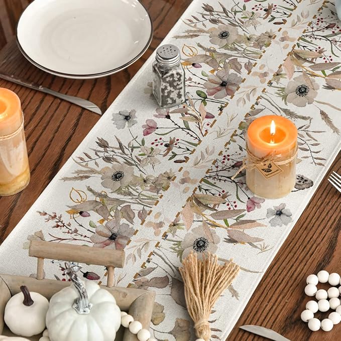 Artoid Mode Wildflower Leaves Floral Fall Table Runner, Autumn Thanksgiving Kitchen Dining Table Decoration for Indoor Outdoor Home Party 13x90 Inch
