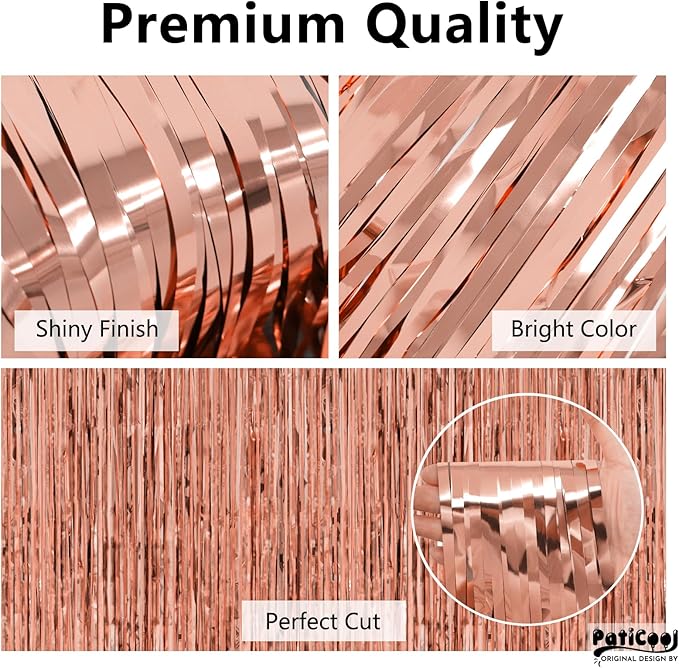 Rose Gold Birthday Decorations for Women Girls - Thicken 4 Pack 3.2 x 8.2 FT - Rose Gold Foil Fringe Curtain Backdrop for Birthday, Bridal Shower, Baby Shower, Bachelorette Party Decorations