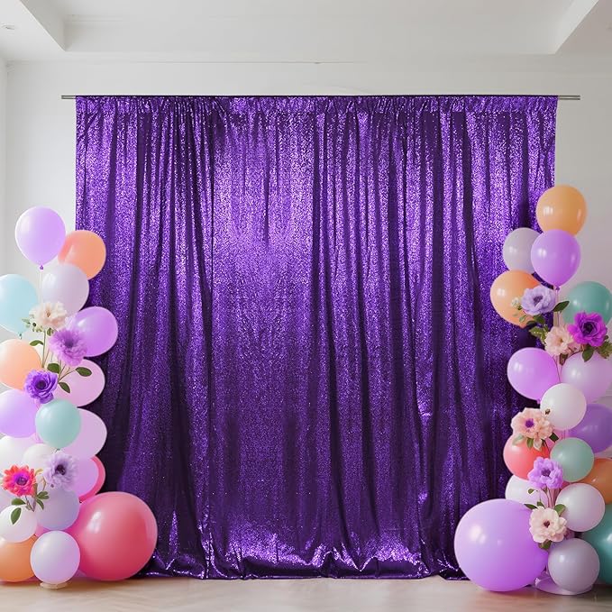 SquarePie Sequin Backdrop Curtain Not See Through Thick Glitter Background for Party 8FT x 8FT Purple