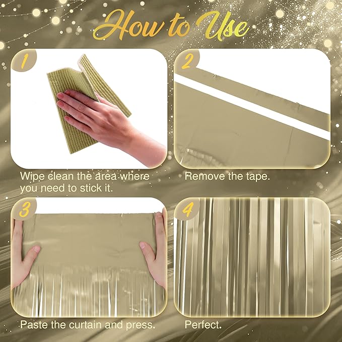 2 Pack Metallic Champagne Gold Fringe Backdrop, 3.2x8.2ft Shining Foil Tinsel Curtains, Birthday Party Decorations Door Streamers for Halloween, Christmas, Wedding, Graduation, Holiday, Theme Events