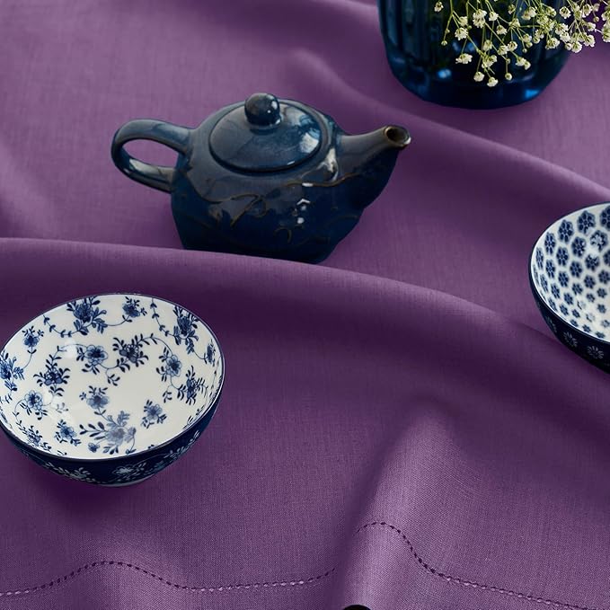 Solino Home Linen Purple Tablecloth 54 x 72 Inch - Classic Hemstitch, 100% Pure Linen Rectangular Tablecloth - Machine Washable Table Cloth for Fall, Autumn, Halloween, Thanksgiving