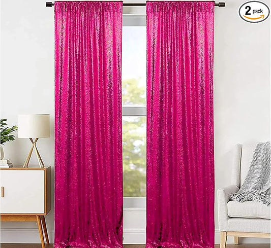 JYFLZQ Hot Pink Sequin Backdrop Curtain 2x8ft 2 Panel Fuchsia Glitter Photo Booth Photography Backdrop Background for Parties Shimmer Wall Backdrop Wedding Backdrop Decorations