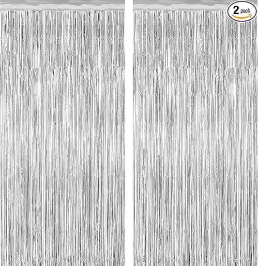 2 Pack Silver Christmas Streamers Party Decorations Silver Tinsel Backdrop Supplies Foil Curtain Backdrop for Baby Shower Birthday Bachelorette Wedding Engagement Holiday Halloween Party Decorations