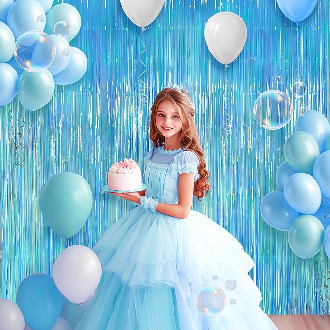 2 Pack Blue Iridescent Streamers Backdrop, 3.3x6.6ft Foil Fringe Curtains Holographic Door Tinsel Streamers for Birthday, Wedding, Holiday, Bachelorette, Christmas, Winter Theme Party Decorations