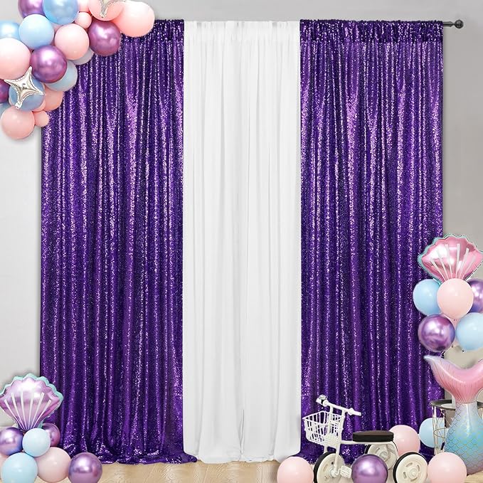 SquarePie Sequin Backdrop Curtain 2FT x 8FT Purple 2pcs Background for Wedding Halloween Party Christmas