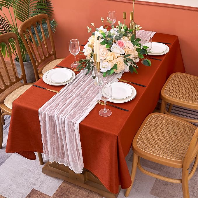 Fitable 2 Pack Faux Linen Fall Tablecloths, Wrinkle Proof Fabric Table Cloth Rectangle, Burlap Textured Table Covers for Thanksgiving Holiday Autumn Dinner Party Farmhouse (Rust, 60 x 84 Inch)