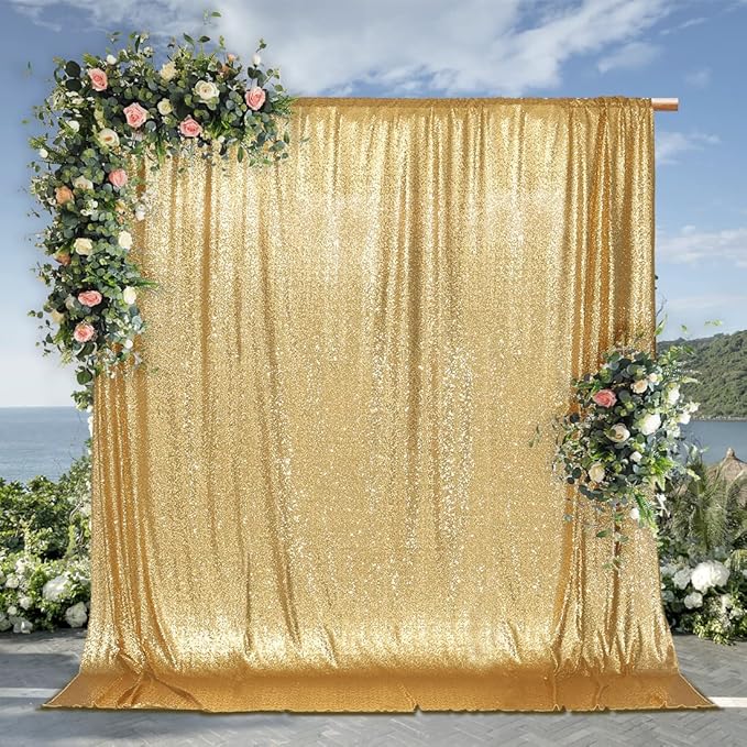 PartyDelight Sequin Backdrop Sparkly Gold 6Ft x 8Ft Photograph Wedding Curtain Special Events