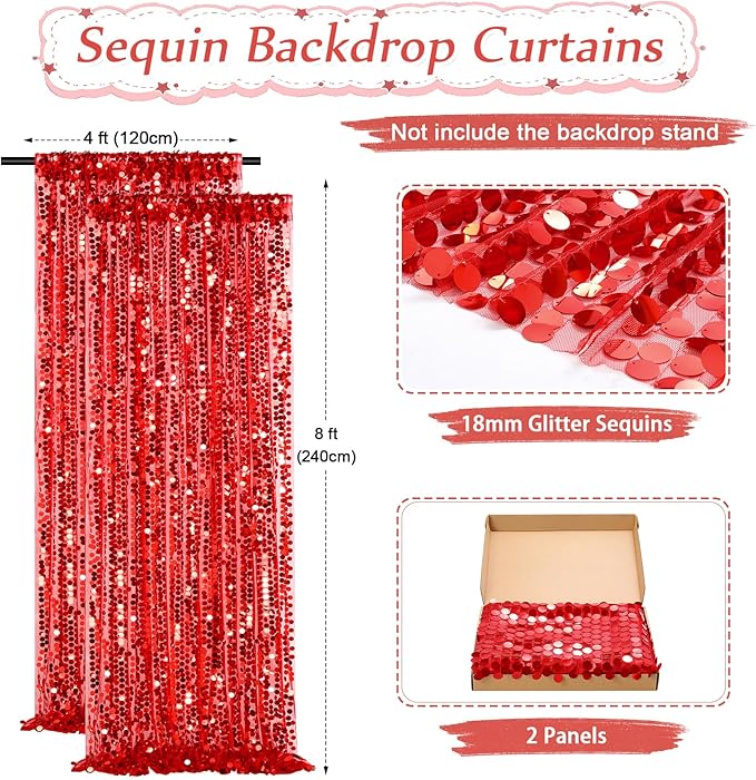 4ftx8ft Red Sequin Backdrop 2 Panels Big Payette Sequin Fabric Background for Birthday Party Photography Decorations