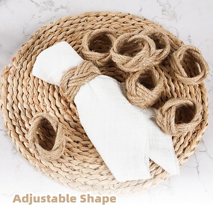 Woven Napkin Rings Set of 48, Mgrlfbl Farmhouse Burlap Napkin Ring for Holiday Dinner Birthday Wedding Thanksgiving Christmas Banquet Party of Table Setting Decorations(Yute 48)
