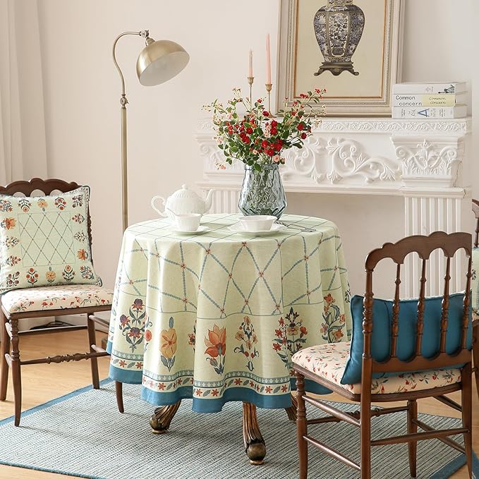 ISAENNE Designer Linen Floral Round Tablecloth,Light Green Farmhouse Durable Table Cloth,Washable Decor Tablecloths for Dining Kitchen Thanksgiving Christmas,Diameter 67"-Floralsea B