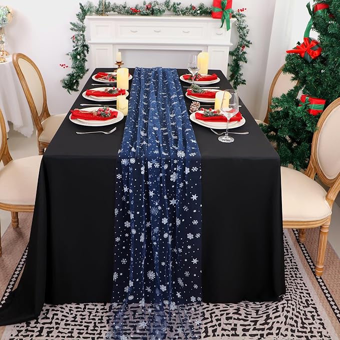 Snowkingdom Christmas Table Runner, Navy Blue Snowflake Cheesecloth Sheer Chiffon Gauze Table Runner, 120 Inch Seasonal Winter Holiday Kitchen Dining Decorations for New Year Home Party Decor