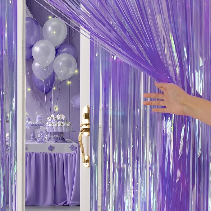 2 Pack Purple Iridescent Streamers Backdrop, 3.3x6.6ft Foil Fringe Curtains Lavender Holographic Door Tinsel Streamers for Birthday, Wedding, Holiday, Bachelorette, Theme Party Decorations