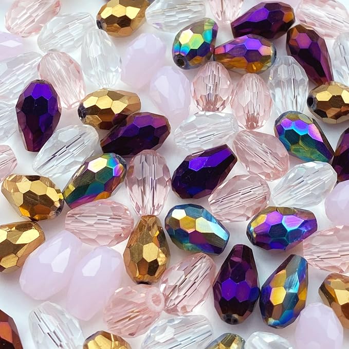 70pcs 8x12mm Teardrop Crystal Glass Beads Vertical Hole Faceted Loose Spacer Beads for DIY Craft Jewelry Making Necklace Bracelet Earring Wind Chimes(Pink Series)