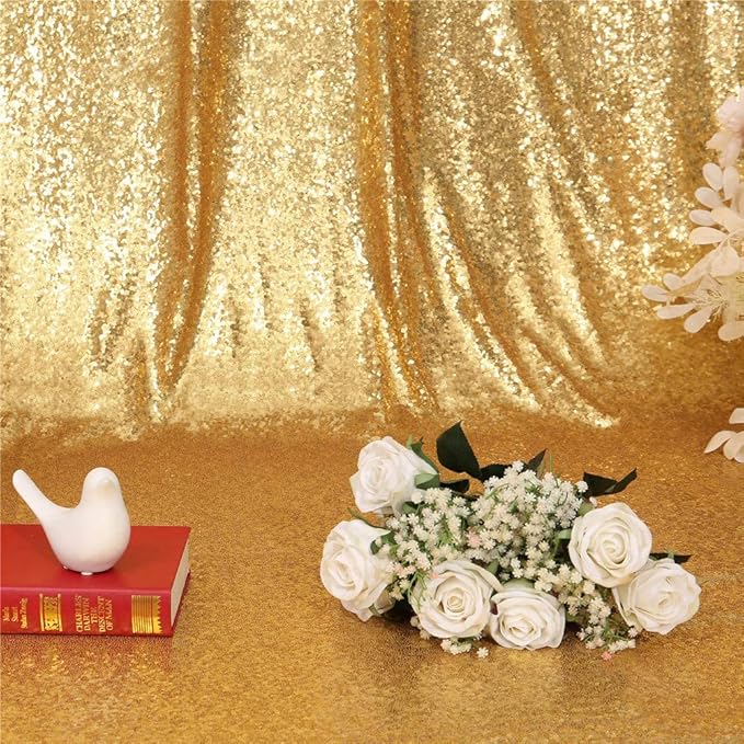 Eternal Beauty Gold Sequin Backdrop Curtains, Shimmer Back Drop 2Panels-2FTx8FT for Christmas, Party, Birthday, Photography, Wedding, Baby Shower Event Decoration