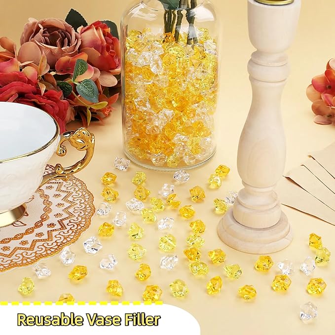 YATOJUZI 500pcs Fake Ice Cubes Yellow Assorted Acrylic Crushed Rocks Vase Fillers Plastic Diamonds Gems for DIY Party Wedding Centerpiece Table Scatter Prop Display 0.5" (Random Color)