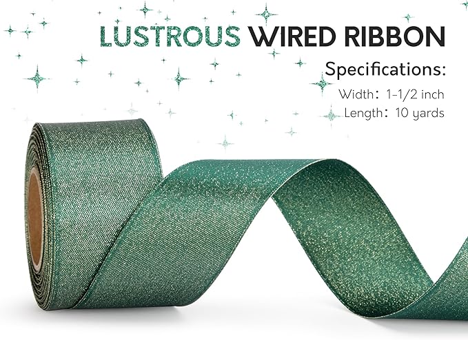 Christmas Ribbon Wired Green Satin Ribbons 1-1/2 Inch Double-Faced Gold Glitter for Tree Decoration, Wreath, Gift Wrapping, Home Decor 10 Yards