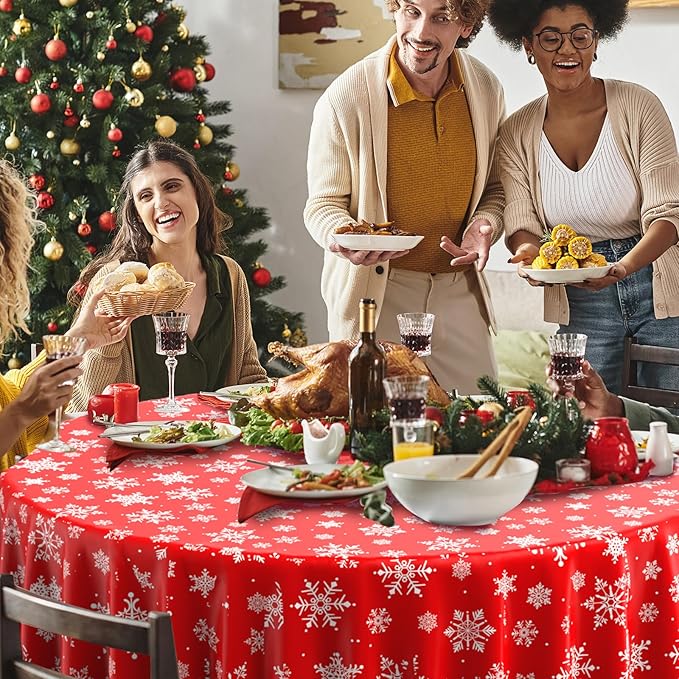 6 Pieces Christmas Snowflake Plastic Party Tablecloth Decorations, Disposable White Snowflake Red Xmas Round Table Cover Backdrop for Winter Christmas Holiday New Year Party Supplies,84 inch (Red)